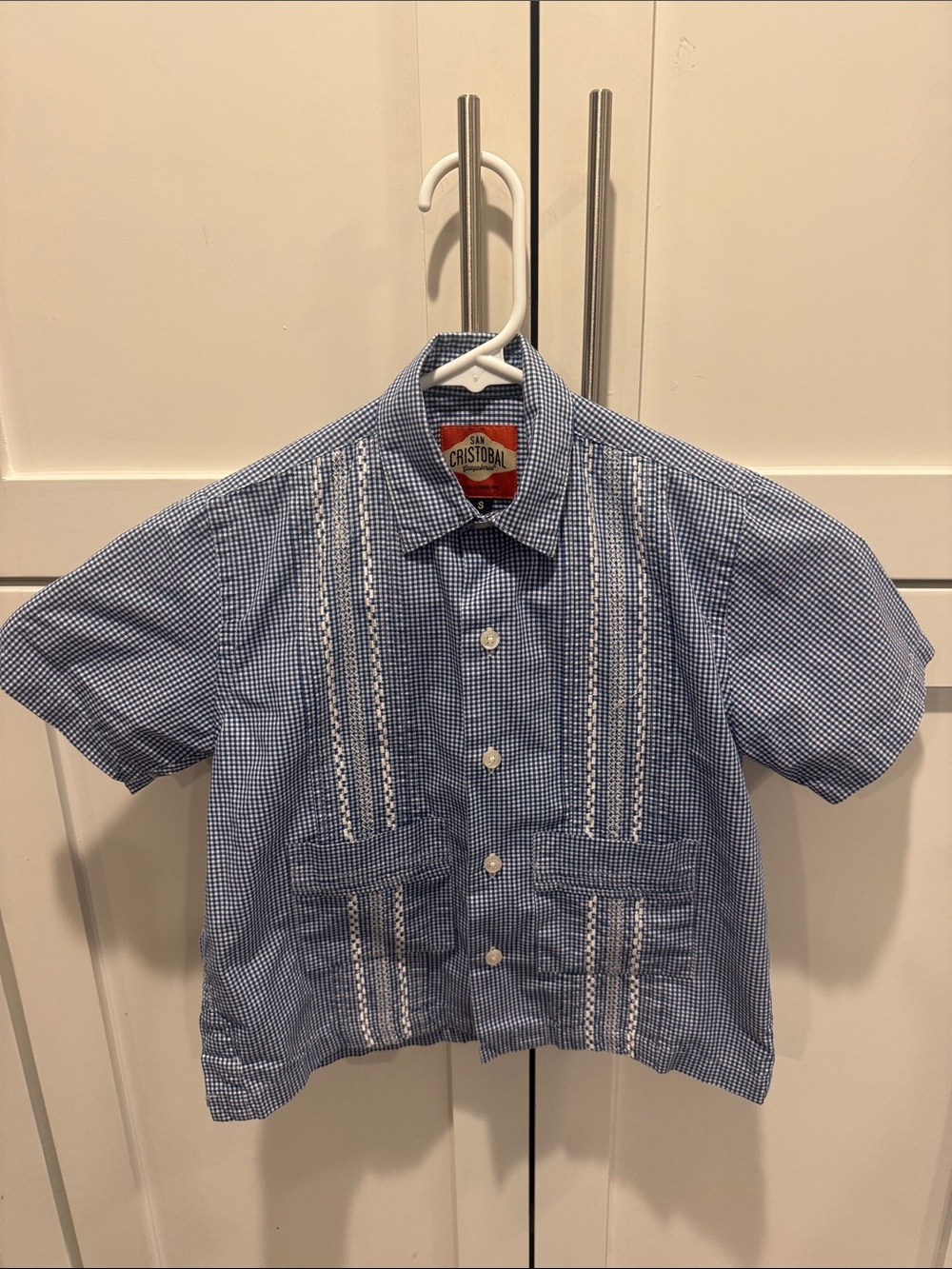 Boys' Blue Check Short-Sleeve Guayabera Shirt